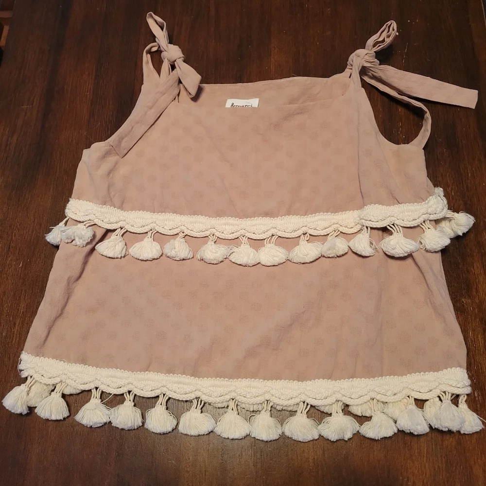 &Merci Boho Cotton Knit Tassel Tie Strap Top Women’s Large Beach Rot - Picture 5 of 8